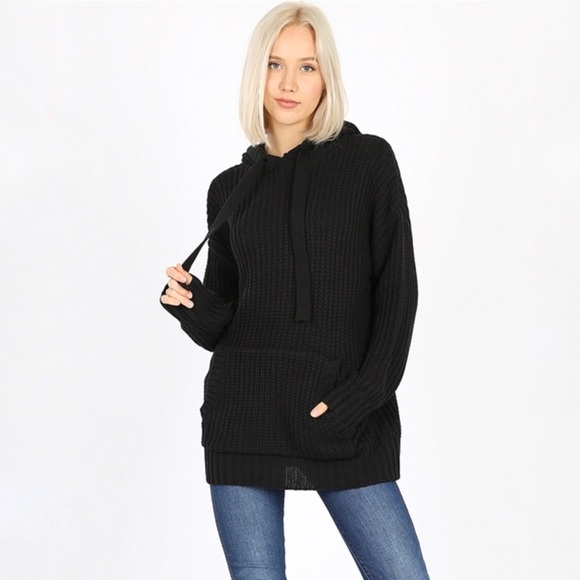 Olive Knit Hooded Sweater with Pockets - Picture 5 of 6